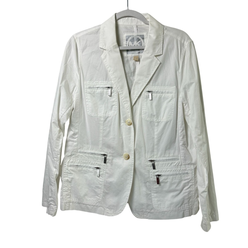Michael Kors Utility Jacket Size 14 White Two-Button Zip Pockets Lightweight